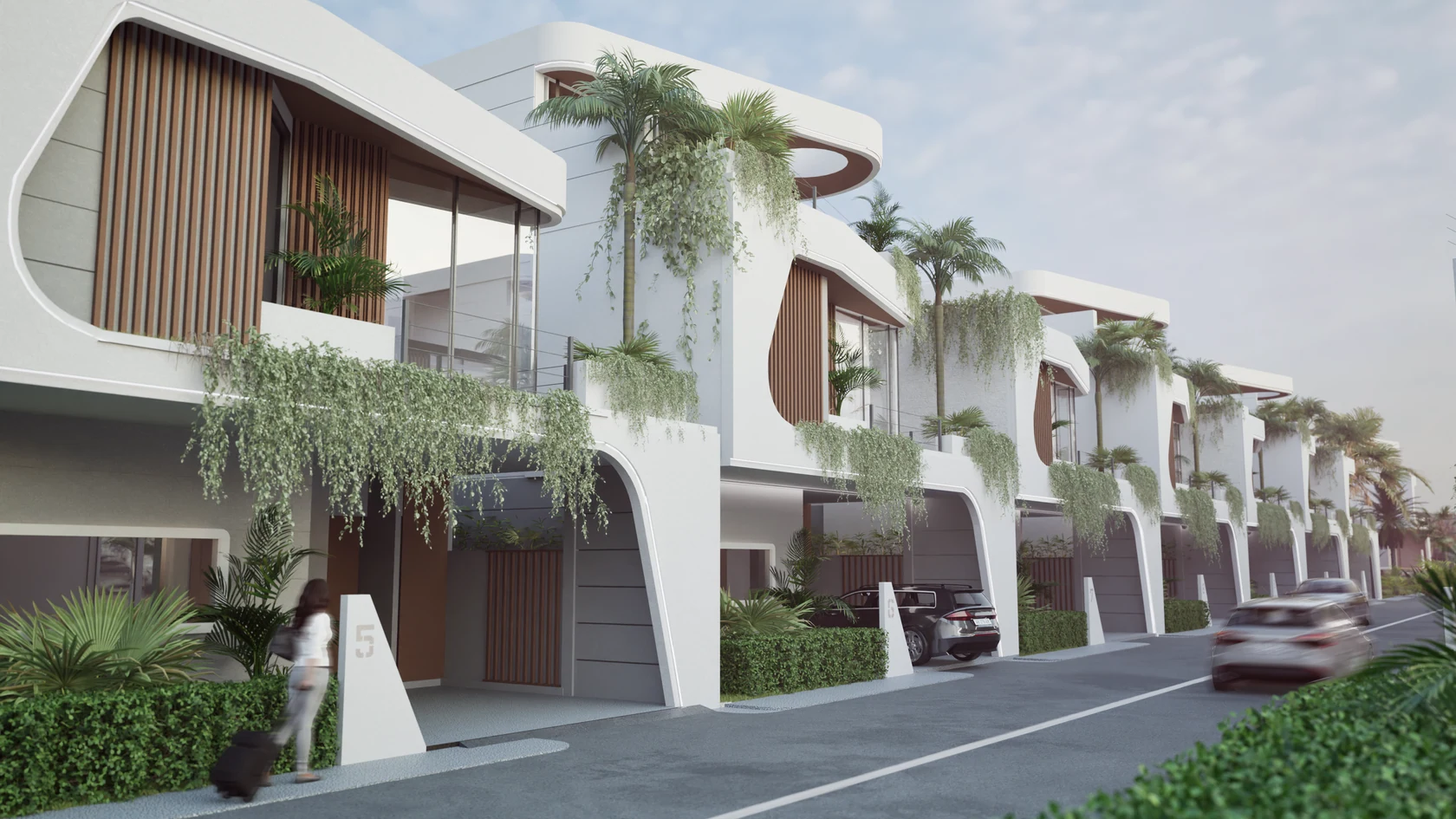 28 Villas на Пхукете — ряд белых вилл с каскадным озеленением вдоль внутренней улицы