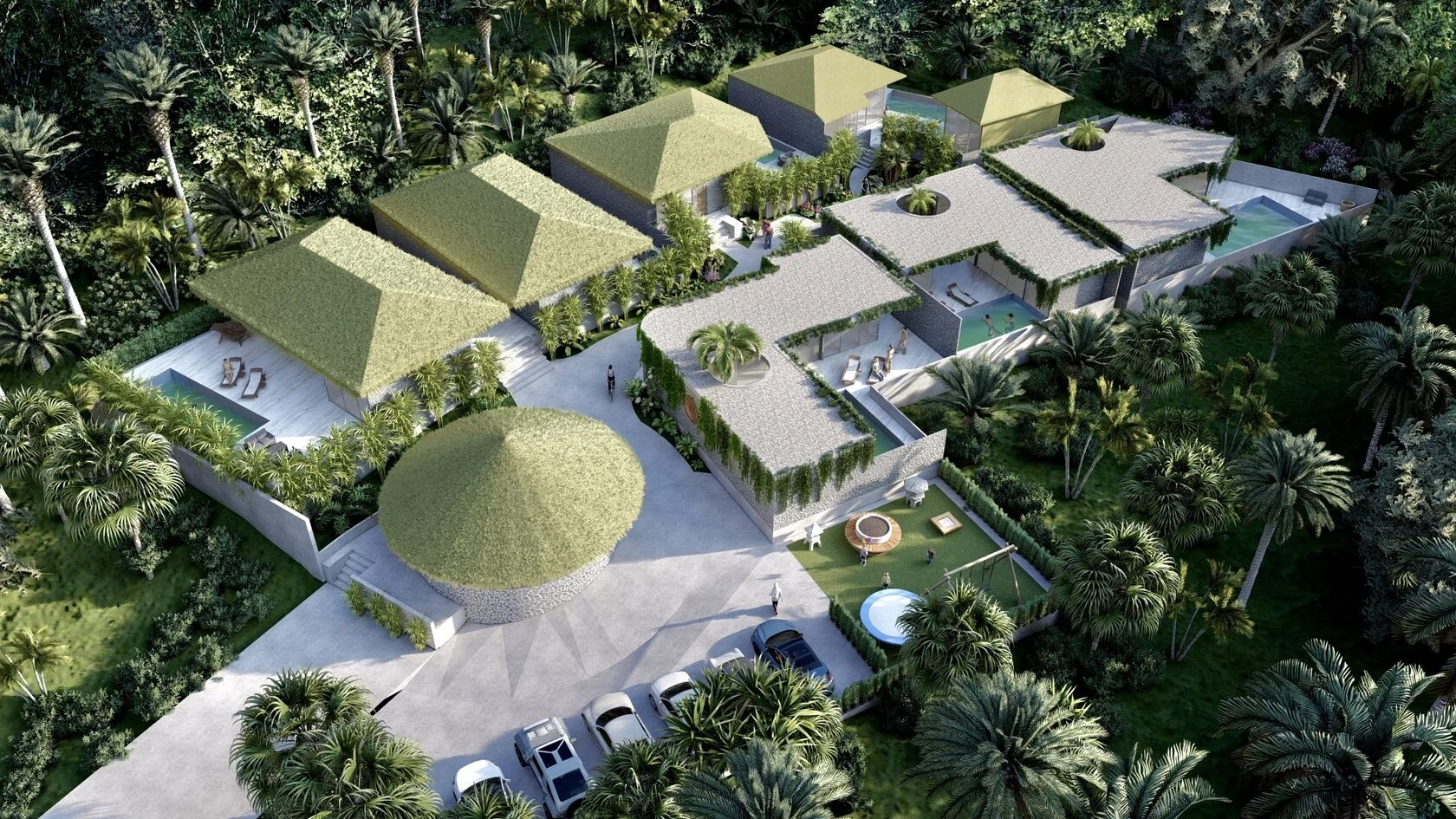 Курорт Ashram в Най Харне — вид сверху на семь вилл с зелёными кровлями среди тропической растительности